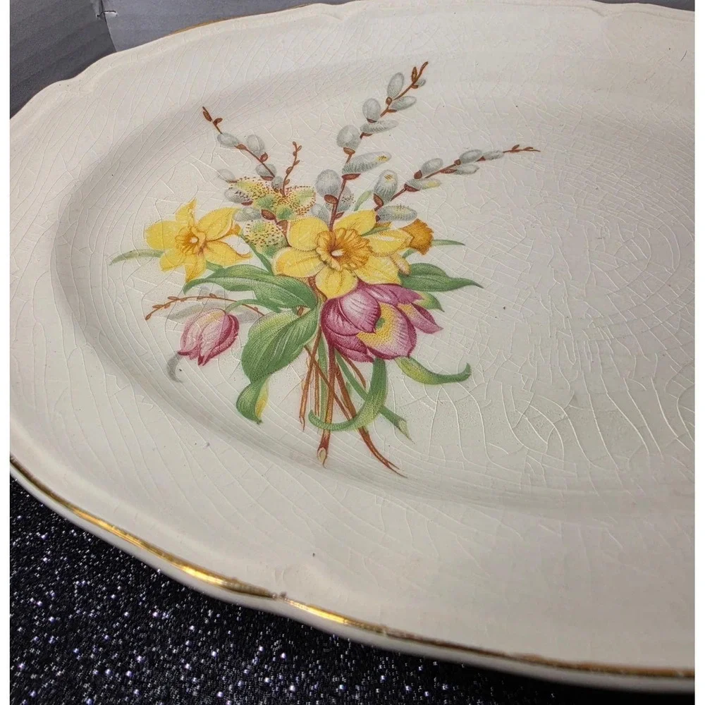 Vintage Floral Ceramic Oval Serving Platter Daffodils Tulips Gold Rim 11.5in